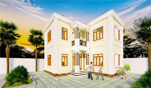 Bản thiết kế căn nhà 2 tầng L sân vườn đẹp mà  không quá cầu kỳ