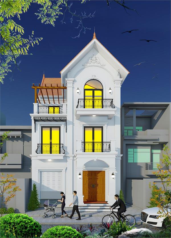 Bản thiết kế căn nhà 3 tầng Tân Cổ Điển